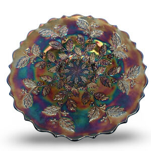 Vintage Fenton Carnival Glass Holly Leaf Footed Plate 9.75" Cobalt Blue Base